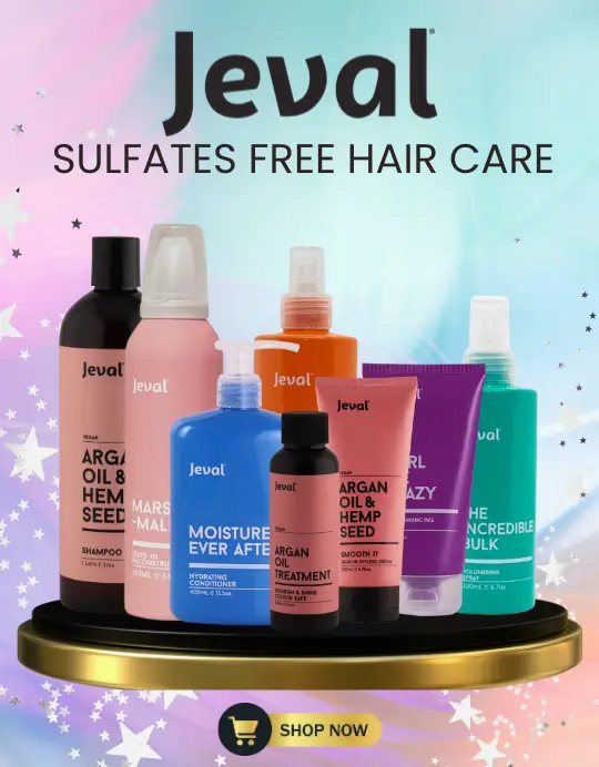 Jeval Sulfate-Free Hair Care Product Range Jeval sulfate-free hair care products displayed on colorful background
