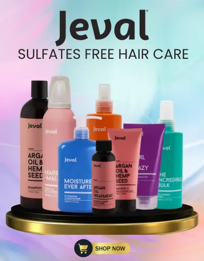 Jeval Sulfate-Free Hair Care Product Range Jeval sulfate-free hair care products displayed on colorful background