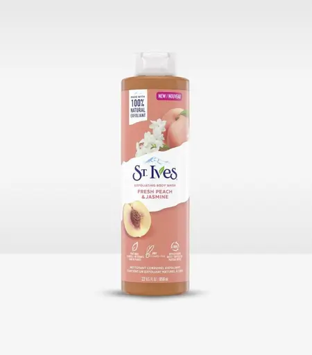 St.Ives Fresh Peach and Jasmine Body Wash 650ml bottle with peach and jasmine flowers