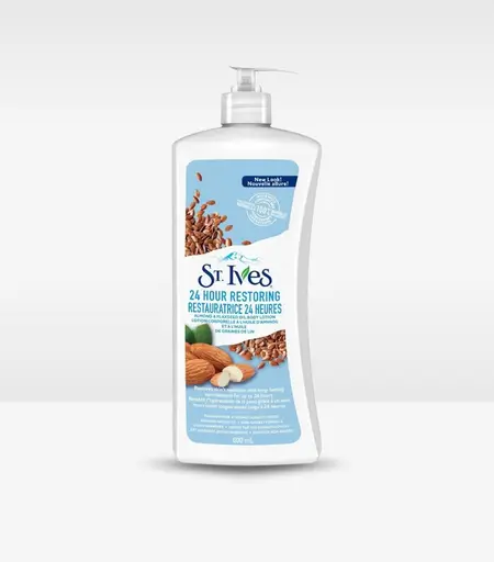 St.Ives 24H Restoring Almond and Flaxseed Oil Body Lotion 600ml bottle with moisturizing ingredients