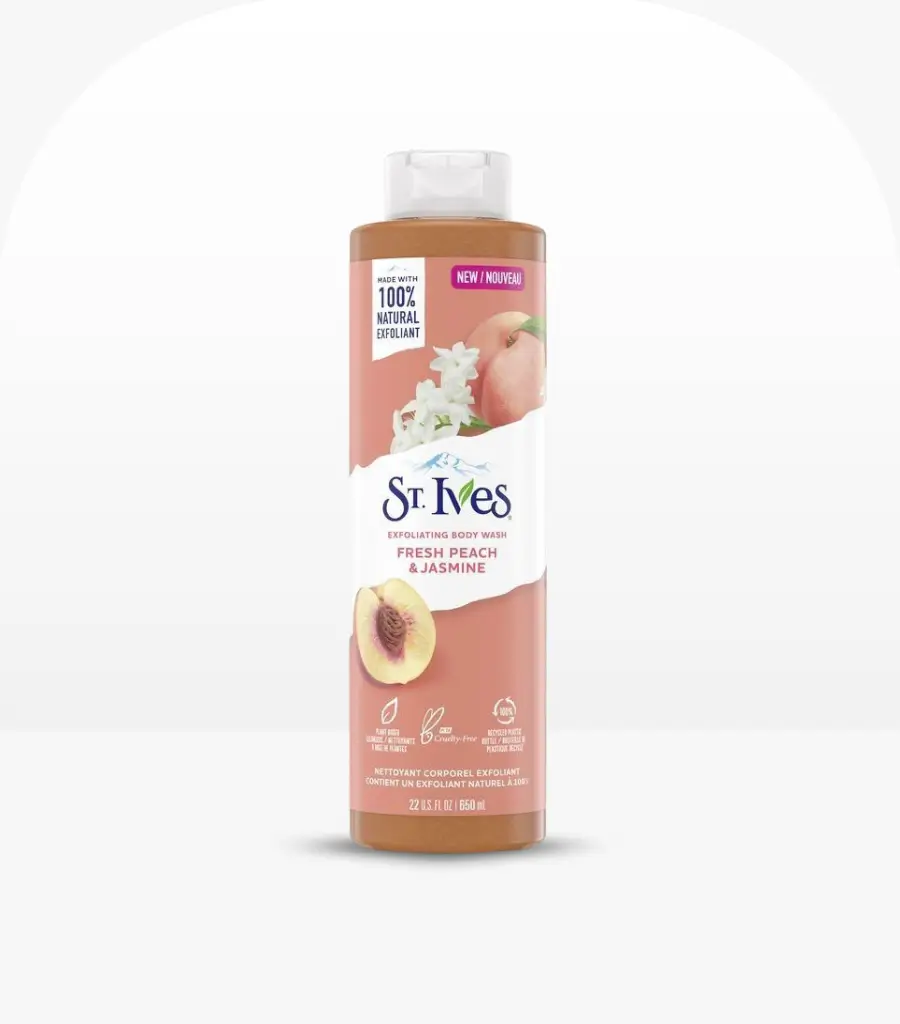 St.Ives Fresh Peach and Jasmine Body Wash 650ml bottle with peach and jasmine flowers