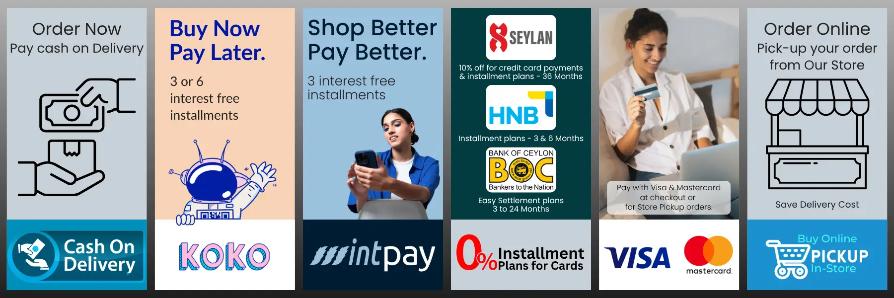 Watsans.lk payment options in Sri Lanka including Cash on Delivery, Visa, Mastercard, bank instalments, Koko, Mintpay and Store Pickup