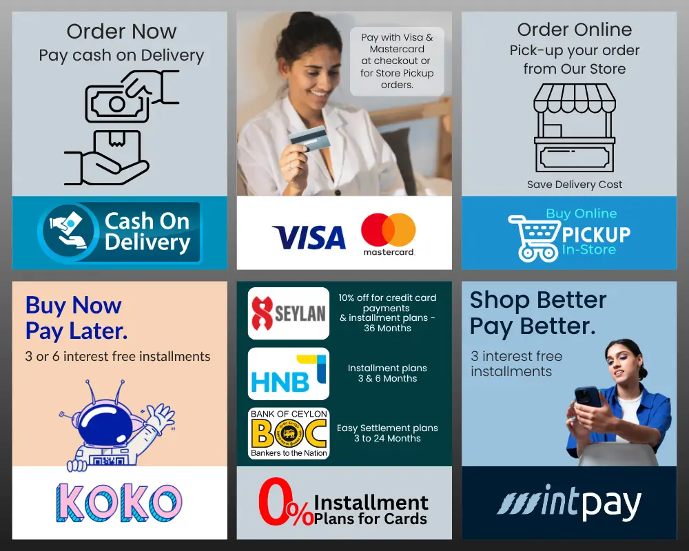 Watsans.lk online payment and Store Pickup options with Visa, Mastercard, Cash on Delivery, Koko, Mintpay and card instalments