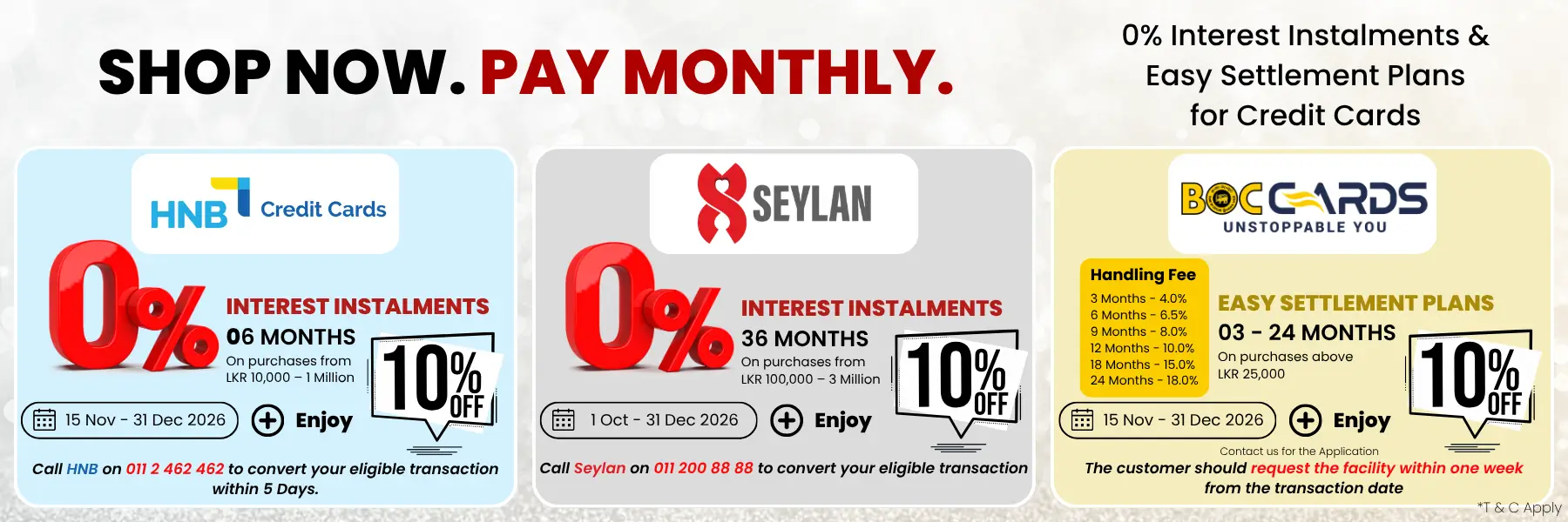 Watsans.lk credit card promotions featuring HNB, Seylan and BOC with 10% discounts and 0% interest instalment plans