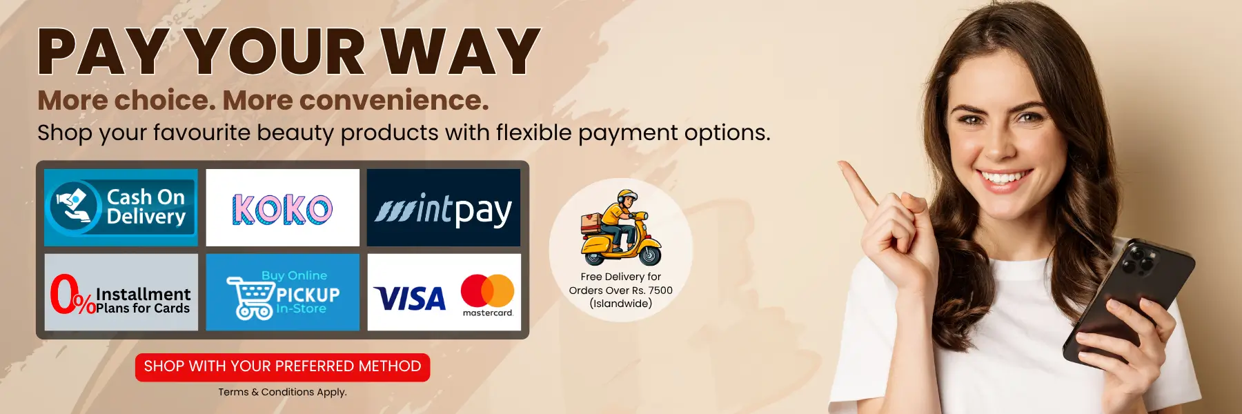 Watsans.lk payment options in Sri Lanka including Cash on Delivery, Visa, Mastercard, bank instalments, Koko, Mintpay and Store Pickup
