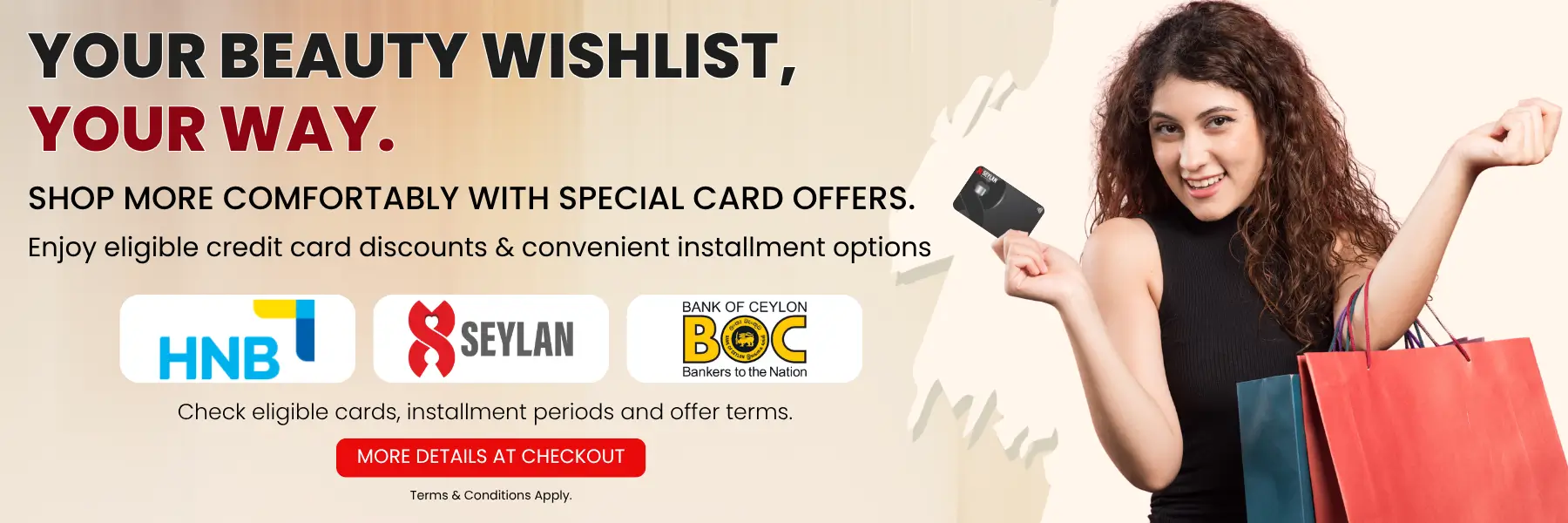 Watsans.lk credit card promotions featuring HNB, Seylan and BOC with 10% discounts and 0% interest instalment plans