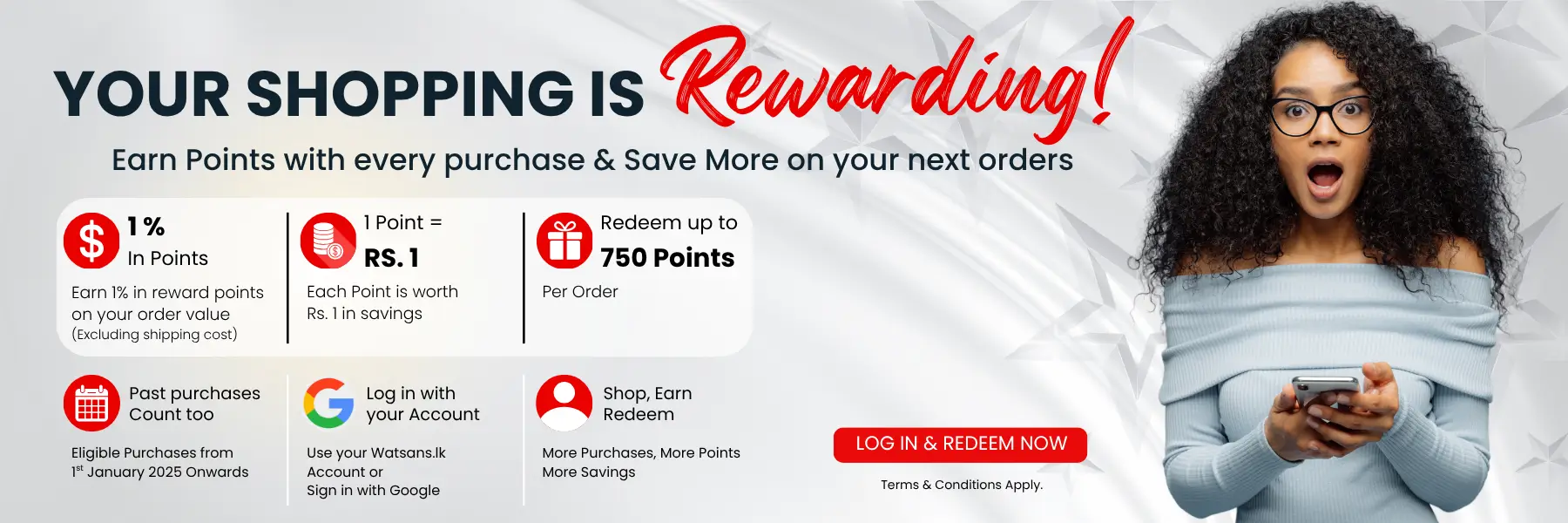 Watsans.lk reward points banner showing how to earn 1% reward points on purchases and redeem up to 750 points per order in Sri Lanka.