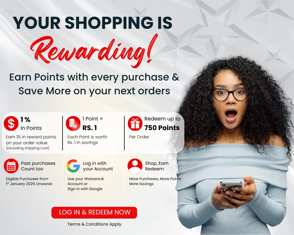 Watsans.lk mobile reward points banner explaining how to earn shopping rewards and redeem up to 750 points for Rs. 750 in savings per order.