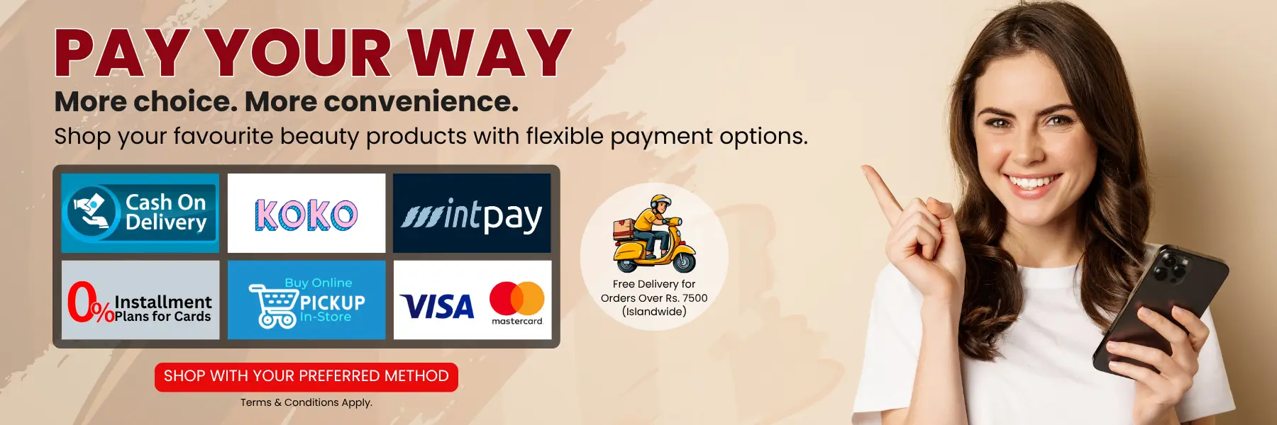 Watsans.lk payment options in Sri Lanka including Cash on Delivery, Visa, Mastercard, bank instalments, Koko, Mintpay and Store Pickup