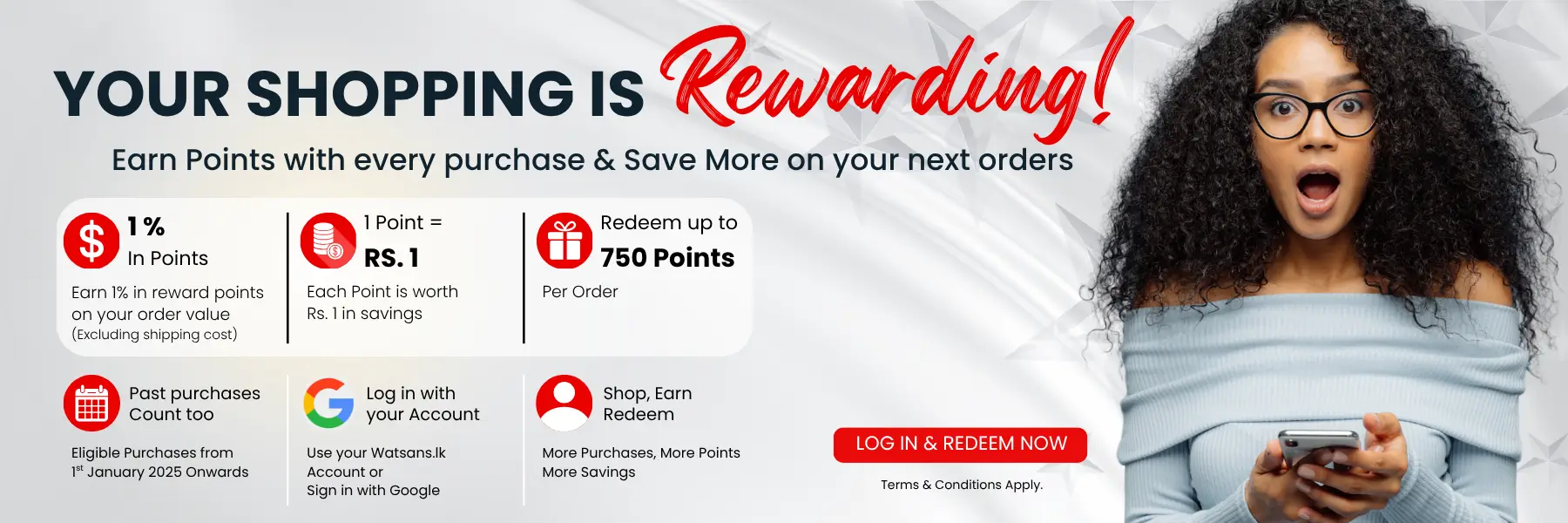 Watsans.lk reward points banner showing how to earn 1% reward points on purchases and redeem up to 750 points per order in Sri Lanka.