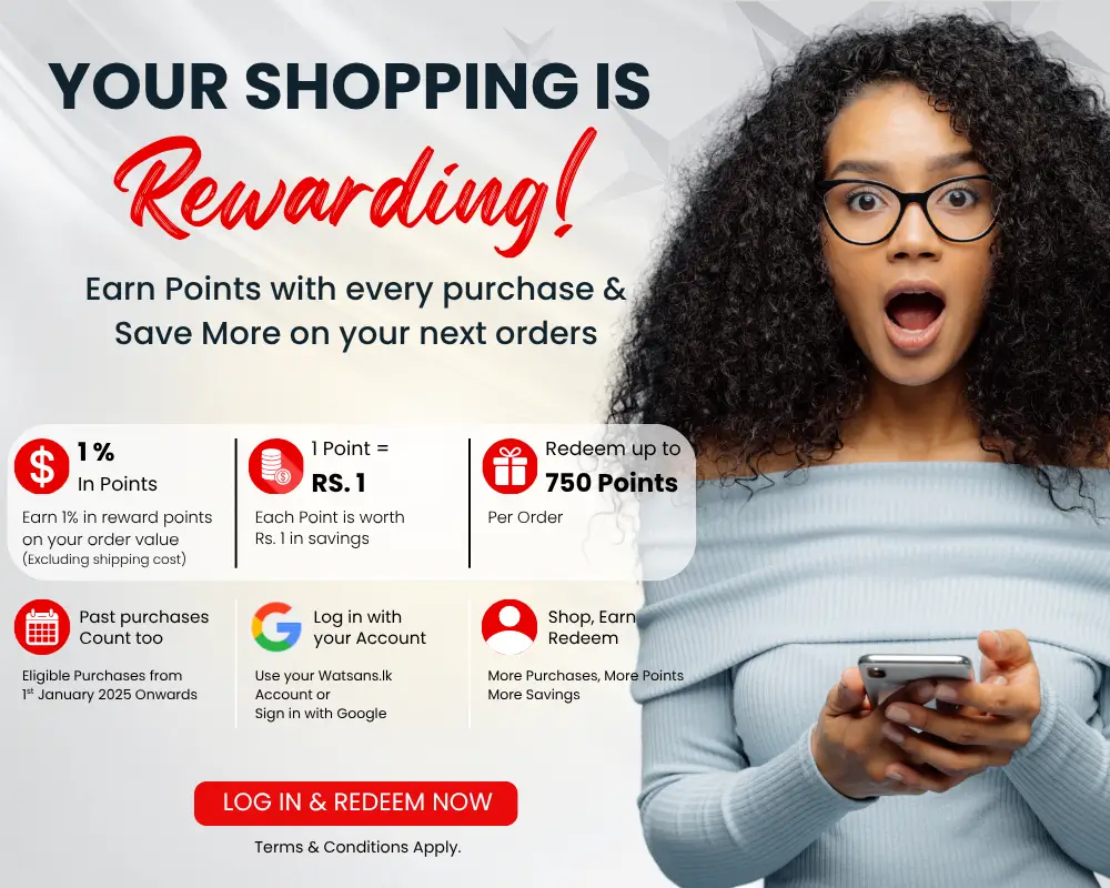 Watsans.lk mobile reward points banner explaining how to earn shopping rewards and redeem up to 750 points for Rs. 750 in savings per order.